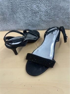FIONI Black Beaded Ankle Strap Heeled Sandals Elegant Formal Party Shoes